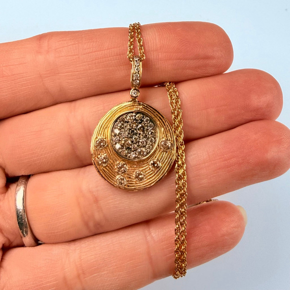 14K Solid Yellow Gold Midas 38 Real Diamond Pave Disc Pendant Necklace Turkey - Picture 9 of 11